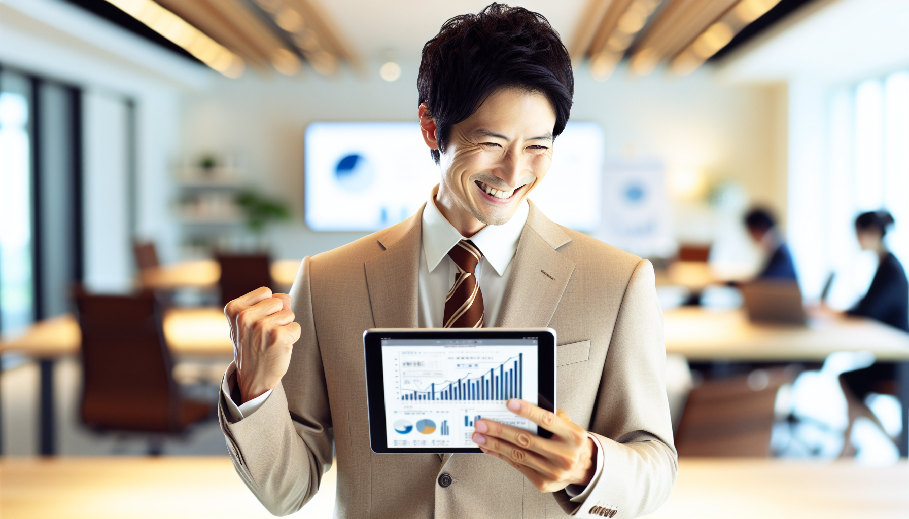 笑顔でPCに向かうビジネスパーソン